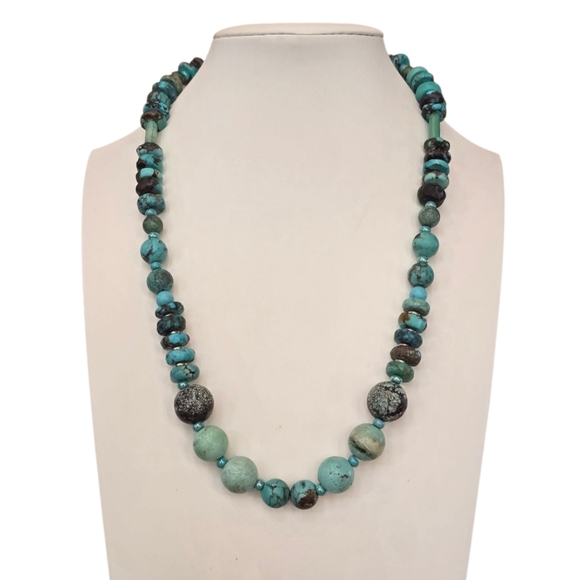 Turquoise Bead Necklace Silvertone Metal Cross Necklace 2 Piece Bundle - Picture 5 of 9